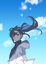 Rule 34 | 1girl, ahoge, akari (raigou), black hair, black sweater, blue sky, blush, bug, butterfly, cloud, commentary, elf, english commentary, highres, insect, jacket, long hair, open mouth, original, outdoors, pointy ears, raigou, sky, solo, sweater, thick eyebrows, white jacket, yellow eyes