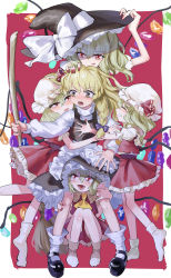 Rule 34 | 5girls, :d, :o, :q, absurdres, apron, bare legs, between legs, black footwear, black headwear, black skirt, black vest, blonde hair, blush, bow, braid, grabbing another&#039;s breast, broom, closed eyes, crystal, dress, facing another, fang, flandre scarlet, four of a kind (touhou), frilled apron, frilled dress, frilled skirt, frills, full body, grabbing, grin, gunnjou yosio, hair between eyes, hair bow, hand on another&#039;s head, hat, hat bow, unworn hat, hat ribbon, unworn headwear, headwear switch, highres, holding, holding broom, hug, hug from behind, huge filesize, kirisame marisa, knees together feet apart, leg grab, legs apart, locked arms, long sleeves, looking at another, looking back, mary janes, multiple girls, nail polish, no shoes, open mouth, puffy short sleeves, puffy sleeves, purple bow, red eyes, red nails, red ribbon, red skirt, red vest, restrained, ribbon, shirt, shoes, short sleeves, side ponytail, single braid, skirt, slit pupils, smile, socks, squatting, tongue, tongue out, touhou, under skirt, vampire, vest, waist apron, white apron, white bow, white shirt, white socks, wings, witch, witch hat, yellow eyes, yuri