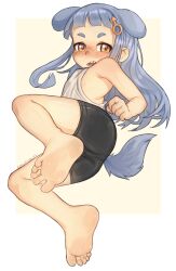 Rule 34 | 1boy, animal ears, ass, barefoot, bike shorts, blue hair, blush, clenched hand, dog boy, dog ears, dog tail, from below, highres, leg up, long hair, lying, mars symbol, mars symbol hair ornament, narrowed eyes, nose blush, on side, orange eyes, original, shiny skin, soles, syrupmelty, tail, tank top, toes, v-shaped eyebrows, white background, white tank top