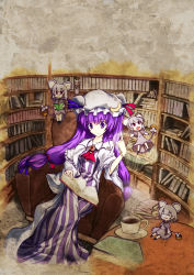 Rule 34 | 5girls, 6+girls, animal ears, bespectacled, book, bookshelf, crescent, cup, dress, female focus, glasses, grey eyes, grey theme, hair ribbon, hat, indoors, library, long hair, magic circle, mouse (animal), mouse ears, mouse tail, multiple girls, nazrin, open book, patchouli knowledge, purple eyes, purple hair, reading, ribbon, sitting, tail, teacup, touhou, voile, yuuki. (limit)