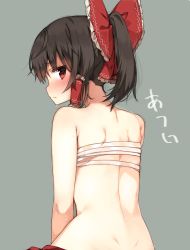 Rule 34 | 1girl, alternate hairstyle, back, bad id, bad twitter id, bare shoulders, black hair, blush, bow, chest sarashi, dimples of venus, frills, from behind, grey background, hair bow, hair tubes, hakurei reimu, hot, looking at viewer, looking back, nape, ponytail, profile, red bow, red eyes, sarashi, shnva, simple background, solo, sweat, touhou