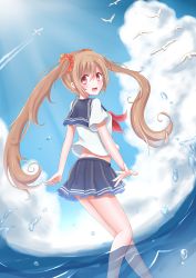 Rule 34 | 1girl, :d, bad id, bad pixiv id, blush, brown hair, highres, long hair, looking back, midriff, open mouth, original, red eyes, school uniform, serafuku, skirt, smile, snowmi, solo, twintails, wading, water