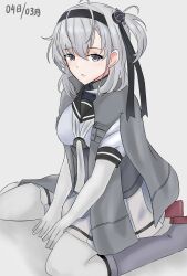 Rule 34 | 1girl, black headband, black sailor collar, bodysuit, commentary request, corset, gloves, grey background, grey jacket, headband, highres, jacket, jacket on shoulders, kantai collection, long hair, looking at viewer, neckerchief, one-hour drawing challenge, one side up, pantyhose, pleated skirt, rukialice, sailor collar, school uniform, serafuku, simple background, sitting, skirt, solo, suzutsuki (kancolle), wariza, white bodysuit, white gloves, white neckerchief, white pantyhose, white skirt