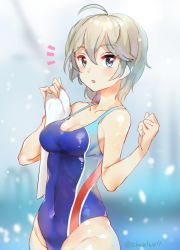 Rule 34 | 10s, 1girl, :o, ^^^, ahoge, anastasia (idolmaster), artist name, bad id, bad twitter id, blue eyes, blue one-piece swimsuit, blurry, blush, breasts, cleavage, collarbone, competition swimsuit, covered navel, cowboy shot, depth of field, eyebrows, groin, hair between eyes, holding, idolmaster, idolmaster cinderella girls, indoors, looking at viewer, medium breasts, one-piece swimsuit, parted lips, pool, shiny skin, short hair, shovelwall, shovelwell, silver hair, skin tight, solo, standing, swimsuit, tareme, towel, twitter username, water, wide hips