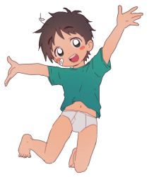 Rule 34 | 1boy, :d, bad id, bad twitter id, bandaid, bandaid on face, black hair, blush stickers, briefs, child, classic fly briefs, full body, happy, highres, jumping, kimura b, looking at viewer, male focus, male underwear, midriff peek, navel, open mouth, original, outstretched arms, short hair, simple background, smile, solo, spread arms, tareme, underwear, upper body, white background, white briefs, white male underwear