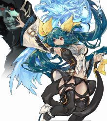 Rule 34 | 1girl, angel wings, armpits, asymmetrical wings, belt, black panties, black thighhighs, blue hair, breasts, cleavage, clothing cutout, dizzy (guilty gear), found modori, green eyes, guilty gear, guilty gear xrd, hair ribbon, hair rings, highres, ice, large breasts, long hair, long sleeves, looking at viewer, midriff, monster girl, multiple girls, navel, necro (guilty gear), open mouth, panties, parted lips, red eyes, ribbon, simple background, stomach, tail, tail ornament, tail ribbon, thigh strap, thighhighs, thighs, twintails, underwear, undine (guilty gear), white background, wide sleeves, wings, yellow ribbon