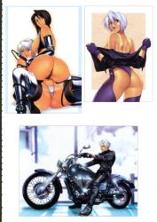 Rule 34 | 1boy, 2girls, angel (kof), artbook, ass, bikini tan, black hair, blue eyes, boots, breasts, collage, fingerless gloves, gloves, highres, homare (fool&#039;s art), k&#039; (kof), large breasts, leather, lips, looking back, motor vehicle, motorcycle, multiple girls, open mouth, orange eyes, panties, purple eyes, scan, scan artifacts, short hair, sideboob, snk, tan, tanline, the king of fighters, thigh boots, thighhighs, thong, underwear, undressing, vehicle, whip, whip (kof), white hair, yuri