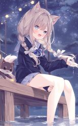 Rule 34 | 1girl, animal, animal ear fluff, animal ears, between legs, black shirt, blue eyes, blue sailor collar, blue skirt, bow, braid, brown hair, cloud, commentary, dog, dog ears, dog girl, dog tail, english commentary, hair between eyes, hair bow, hand between legs, highres, hoshi (snacherubi), long hair, long sleeves, low twintails, night, night sky, original, outdoors, pleated skirt, puffy long sleeves, puffy sleeves, sailor collar, shirt, sitting, skirt, sky, sleeves past wrists, soaking feet, solo, star (sky), star (symbol), starry sky, tail, twin braids, twintails, water, white bow