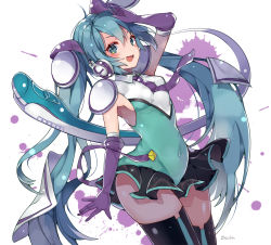 Rule 34 | 1girl, absurdres, aqua eyes, aqua hair, arm up, artist name, covered navel, elbow gloves, gloves, hanakanzarashi, hatsune miku, hatsune miku (shinkalion), headphones, highres, leotard, long hair, looking at viewer, necktie, open mouth, purple gloves, shinkalion (series), shinkansen henkei robo shinkalion, skirt, solo, thighhighs, twintails, very long hair, vocaloid, white background