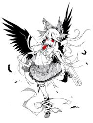 Rule 34 | 1girl, arm cannon, ballpoint pen (medium), bird wings, black wings, bow, cape, feathers, hair bow, highres, looking at viewer, marker (medium), monochrome, red eyes, reiuji utsuho, shirt, skirt, smile, solo, spot color, standing, standing on one leg, third eye, touhou, toutenkou, traditional media, weapon, wings