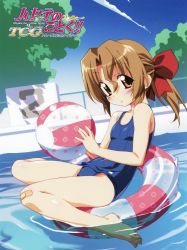 Rule 34 | 1girl, afloat, aged down, ball, bandaid, bandaid on knee, bandaid on leg, barefoot, beachball, blue one-piece swimsuit, blush, bow, breasts, brown eyes, brown hair, chain-link fence, child, contrail, copyright name, day, dutch angle, face, feet, fence, flat chest, from side, hair bow, hayate no gotoku!, inflatable toy, innertube, looking at viewer, maria (hayate no gotoku!), official art, one-piece swimsuit, outdoors, partially submerged, ponytail, pool, scan, school swimsuit, small breasts, soaking feet, solo, swim ring, swimsuit, tree, tree shade, watanabe akio, water