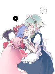 Rule 34 | !?, 2girls, absurdres, arm behind back, bat wings, blue hair, blush, hand on another&#039;s chin, highres, izayoi sakuya, maid, multiple girls, red eyes, remilia scarlet, touhou, voal, white hair, wings, yuri
