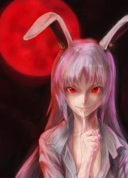 Rule 34 | 1girl, animal ears, baten (gei-vorugu), black background, finger to mouth, full moon, highres, lips, long hair, long sleeves, looking at viewer, moon, open clothes, open shirt, parted lips, pink hair, rabbit ears, red eyes, red moon, reisen udongein inaba, shirt, smile, solo, touhou, upper body, white shirt