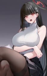 Rule 34 | 1girl, absurdres, arm under breasts, black hair, black pantyhose, blue archive, blunt bangs, blush, breasts, bright pupils, hair ornament, hairclip, halo, highres, holding, holding tablet pc, kikimi, large breasts, long hair, looking at viewer, open mouth, pantyhose, red eyes, ribbed sweater, rio (blue archive), saliva, skirt, solo, steam, sweat, sweater, tablet pc, thighband pantyhose, turtleneck, turtleneck sweater, very long hair, white sweater