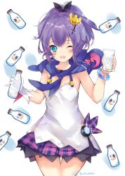 Rule 34 | 1girl, ;o, azur lane, bad id, bad pixiv id, blue eyes, bottle, commentary request, crown, cup, dress, drinking glass, gloves, hair ornament, hair ribbon, hairpin, itohime, javelin (azur lane), long hair, looking at viewer, milk bottle, mini crown, one eye closed, ponytail, purple hair, ribbon, scarf, simple background, solo, twitter username, white dress, white gloves
