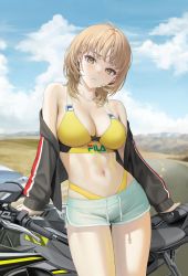 Rule 34 | 1girl, absurdres, bare shoulders, bikini, black jacket, blue shorts, blurry, blush, breasts, cleavage, closed mouth, cowboy shot, depth of field, dolphin shorts, fila, green eyes, highres, jacket, large breasts, light brown hair, long sleeves, looking at viewer, midriff, motor vehicle, motorcycle, myabit, navel, off shoulder, open clothes, open jacket, original, outdoors, short hair, short shorts, shorts, sky, solo, swimsuit, thighs, yellow bikini
