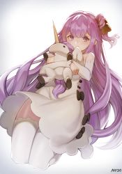 Rule 34 | 1girl, 9nojo, artist name, azur lane, black bow, blush, boots, bow, commentary, detached sleeves, dress, english commentary, full body, gradient background, grey background, hair bun, highres, horns, long hair, long sleeves, hugging object, purple eyes, purple hair, side bun, single hair bun, single horn, single side bun, solo, straight hair, stuffed winged unicorn, thigh boots, thighhighs, unicorn (azur lane), very long hair, white dress, white footwear