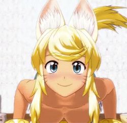 Rule 34 | 1girl, 3d, animal ears, animated, animated gif, blonde hair, blue eyes, blush, bouncing breasts, breasts, cleavage, dark-skinned female, dark skin, extra ears, large breasts, liru, lowres, myu ranran, o-ring, o-ring top, one eye closed, renkin san-kyuu magical pokaan, short shorts, shorts, smile, solo, tail, thumbs up, wink, winking (animated), wolf ears, wolf tail
