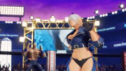 Rule 34 | 1girl, black jacket, black panties, blue eyes, breasts, chaps, cleavage, cropped jacket, fingerless gloves, gloves, grin, hair over one eye, jacket, leather, leather jacket, midriff, navel, panties, short hair, smile, snk, teeth, the king of fighters, the king of fighters xv, thighs, underwear, white hair