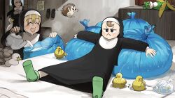 Rule 34 | 3girls, :&lt;, :d, ^ ^, banana peel, bed, bird, black eyes, blonde hair, blue trash bag, brown eyes, brown hair, chicken, closed eyes, clumsy nun (diva), commentary, corn, diva (hyxpk), drinking straw, duck, duckling, english commentary, freckles, froggy nun (diva), goose, green socks, grey hair, habit, hedgehog, highres, kettle, little nuns (diva), lying, multiple girls, nun, open mouth, poster (object), pouring, sheep nun (diva), shoes, smile, socks, stone, traditional nun, trash bag, unworn shoes, wet, wet hair