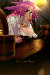 Rule 34 | 1girl, beer mug, black gloves, blue eyes, breasts, cleavage, collared shirt, commentary request, cup, earrings, echo (circa), english text, eyepatch, fate/grand order, fate (series), francis drake (fate), gloves, gold necklace, grin, holding, holding cup, indoors, jewelry, large breasts, lips, long hair, looking at viewer, mug, necklace, official alternate costume, one eye covered, pink hair, pink lips, pointy hair, scar, scar on face, shirt, smile, solo, teeth, twitter username, white shirt, wooden cup