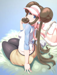 Rule 34 | 1girl, ass, bag, black pantyhose, blue background, blue eyes, bow, breasts, brown hair, chocolate, creatures (company), dimples of venus, double bun, doughnut, eating, food, food in mouth, game freak, hair bun, highres, kous (onetwojustice), long hair, long sleeves, looking at viewer, looking back, medium breasts, nintendo, pantyhose, pantyhose under shorts, pink bow, pokemon, pokemon bw2, rosa (pokemon), shirt, shoes, shorts, sideboob, simple background, sitting, sleeves past elbows, solo, thighs, twintails, very long hair, visor cap, yellow shorts