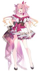 Rule 34 | bare shoulders, blush, bow, breasts, choker, collarbone, commentary, curly hair, dress, dress bow, dress shoes, full body, gradient hair, green eyes, hand on own hip, high heels, hikikomari kyuuketsuki no monmon, large bow, long hair, looking at viewer, medium breasts, multicolored hair, nelia cunningham, off-shoulder dress, off shoulder, open mouth, orange hair, pink choker, pink hair, riichu, short dress, simple background, smile, teeth, thigh strap, two side up, upper teeth only, wavy hair, white background
