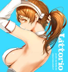 Rule 34 | 10s, 1girl, armpits, back, bare shoulders, blue background, breasts, brown eyes, brown hair, character name, female focus, kantai collection, large breasts, littorio (kancolle), long hair, looking at viewer, looking back, nape, ponytail, satsuki neko, sideboob, smile, solo, upper body