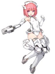 Rule 34 | 1girl, :d, aikawa aika, alice gear aegis, armpit crease, bare shoulders, blush, breasts, elbow gloves, full body, gloves, grey thighhighs, groin, gun, headgear, highres, holding, holding gun, holding weapon, karukan (monjya), leotard, looking at viewer, mecha musume, open mouth, pink hair, purple eyes, revision, simple background, small breasts, smile, solo, thighhighs, weapon, white background, white gloves, white leotard