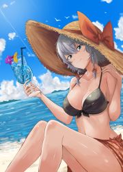 Rule 34 | 1girl, alternate costume, alternate headwear, arms up, beach, bikini, black bikini, blue sky, braid, breasts, cherry, cleavage, cloud, cocktail glass, collarbone, commentary request, cup, day, drinking glass, drinking straw, dutch angle, feet out of frame, female focus, flower, food, fruit, hair between eyes, hand on own shoulder, hat, hat ribbon, head tilt, highres, holding, holding cup, horizon, ice, izayoi sakuya, knees up, koujouchou, large breasts, looking at viewer, ocean, orange (fruit), orange slice, outdoors, ribbon, sarong, short hair, silver hair, sitting, sky, smile, solo, straw hat, swimsuit, touhou, twin braids