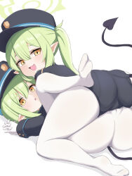 Rule 34 | 2girls, ass, blue archive, blush, demon tail, green hair, hair between eyes, hat, highres, hikari (blue archive), looking at viewer, multiple girls, nicomi-chan, nozomi (blue archive), open mouth, tail, yellow eyes