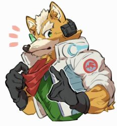 Rule 34 | 1boy, aidemcc, animal ears, bandana, bandana around neck, black gloves, commentary request, fox boy, fox ears, fox mccloud, fox shadow puppet, furry, furry male, gloves, green eyes, highres, looking at viewer, male focus, nintendo, notice lines, red bandana, scouter, star fox, upper body, white background