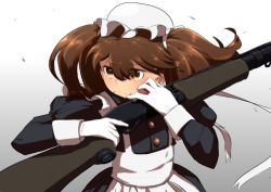 Rule 34 | 1girl, alternate costume, apron, black dress, brown eyes, brown hair, commentary request, cowboy shot, dress, enmaided, frilled apron, frills, gloves, gradient background, grey background, gun, hat, highres, kantai collection, long hair, maid, mob cap, namakura neo, rifle, ryuujou (kancolle), shotgun, shotgun shell, solo, twintails, weapon, weapon request, white apron, white gloves, white hat