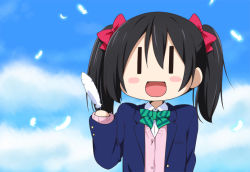 Rule 34 | 1girl, black hair, bow, ending, feathers, hair bow, looking at viewer, love live!, love live! school idol project, miyako hito, open mouth, parody, red eyes, school uniform, short hair, smile, solo, twintails, yazawa nico, | |