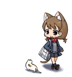 Rule 34 | animal ears, bad id, bad pixiv id, bag, blush, brown hair, cat, cat ears, cat tail, chibi, hair bobbles, hair ornament, nekoyama, original, short twintails, simple background, solo, tail, twintails, walking