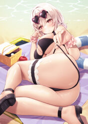 Rule 34 | 1girl, absurdres, apple, ass, azur lane, basket, bikini, black bikini, blush, breasts, classic (zildjian33), commentary request, eyewear on head, food, fruit, hair between eyes, heart, heart-shaped eyewear, highres, large breasts, looking at viewer, o-ring, official alternate costume, partial commentary, red eyes, sandals, scrunchie, short hair, sirius (azur lane), sirius (scorching-hot seirios) (azur lane), solo, sunglasses, swimsuit, thighs, white hair, wrist scrunchie