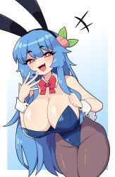 Rule 34 | absurdres, alternate breast size, alternate costume, blue hair, breasts, daigada, highres, hinanawi tenshi, large breasts, leotard, playboy bunny, red eyes, touhou