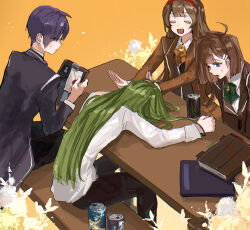 Rule 34 | 2boys, 2girls, beer can, black pants, brown hair, can, choroi amachori, closed eyes, coat, drink can, envelope, hair down, hair tie, highres, hod (project moon), holding, holding envelope, leaning forward, library of ruina, long hair, long sleeves, malkuth (project moon), medium hair, monster energy, multiple boys, multiple girls, netzach (project moon), pants, picnic table, project moon, purple coat, purple eyes, purple hair, shirt, sitting, table, very long hair, white shirt, yesod (project moon)