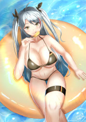 Rule 34 | 1girl, absurdres, azur lane, bikini, black bikini, breasts, cleavage, crossed legs, diffraction spikes, flag print, floating, food, from above, german flag bikini, grey hair, highres, innertube, large breasts, looking at viewer, multicolored hair, official alternate costume, popsicle, prinz eugen (azur lane), prinz eugen (unfading smile) (azur lane), streaked hair, swim ring, swimsuit, thigh strap, tongue, tongue out, two side up, user agfp8854, water, wet, yellow eyes