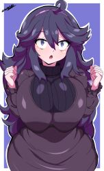 Rule 34 | 1girl, absurdres, ahoge, breasts, breasts squeezed together, cowboy shot, creatures (company), curvy, dress, female focus, game freak, hair between eyes, hex maniac (pokemon), highres, large breasts, nintendo, open mouth, pokemon, pokemon xy, purple background, purple dress, purple eyes, purple hair, senak012, shiny clothes, shiny skin, solo, standing, w arms, wide hips