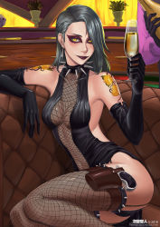 Rule 34 | 10s, 1girl, alcohol, black dress, black gloves, black lips, black panties, breasts, collar, dress, earrings, elbow gloves, fishnet thighhighs, fishnets, gloves, gun, handgun, holster, holstered, jewelry, lipstick, long hair, looking at viewer, makeup, niijima sae, otk king, panties, persona, persona 5, shadow (persona), shadow sae, shoulder tattoo, sitting, smile, solo focus, spiked collar, spikes, stud earrings, tattoo, thighhighs, underwear, weapon, wine, yellow eyes