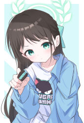 Rule 34 | 1girl, :t, airi (band) (blue archive), airi (blue archive), black hair, blue archive, blue jacket, blush, clothes writing, collarbone, green eyes, green halo, halo, highres, incoming food, jacket, karupa (karupapon), long sleeves, looking at viewer, official alternate costume, open clothes, open jacket, shirt, skirt, solo, upper body, v-shaped eyebrows, white shirt, white skirt