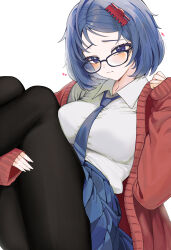 1girl black-framed_eyewear black_pantyhose blue_eyes blue_hair blue_skirt blush breasts cardigan claw_hair_clip closed_mouth collared_shirt commentary_request glasses heart highres knees_up korean_commentary large_breasts long_sleeves looking_at_viewer mila_(miside) miside mita_(miside) pantyhose pleated_skirt ran_(bearsoymilk) rectangular_eyewear red_cardigan shirt short_hair simple_background skirt solo white_background white_shirt