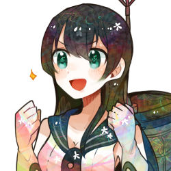 Rule 34 | 10s, 1girl, agano (kancolle), bad id, bad pixiv id, black hair, blush, breasts, brown hair, gloves, green eyes, itomugi-kun, kantai collection, long hair, necktie, open mouth, personification, school uniform, serafuku, smile, solo, white gloves