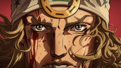 Rule 34 | 1boy, anime coloring, araki hirohiko (style), blonde hair, blood, blood on face, blue eyes, close-up, grandguerrilla, highres, horseshoe, johnny joestar, jojo no kimyou na bouken, looking at viewer, male focus, official style, portrait, red background, solo, steel ball run