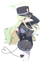 Rule 34 | 1girl, absurdres, black hat, black jacket, black skirt, black tail, blue archive, blush, buttons, demon tail, double-breasted, e li (77864296), earrings, feet out of frame, gloves, green hair, green halo, halo, hat, hikari (blue archive), highres, jacket, jewelry, long hair, long sleeves, looking at viewer, open mouth, pantyhose, peaked cap, pleated skirt, pointy ears, revision, sidelocks, simple background, skirt, solo, tail, white background, white gloves, white pantyhose, yellow eyes