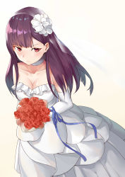 Rule 34 | 1girl, absurdres, alternate costume, alternate hairstyle, arm ribbon, bare shoulders, bc, beige background, blue ribbon, blunt bangs, blush, bouquet, breasts, bridal veil, choker, cleavage, closed mouth, collarbone, dress, elbow gloves, flower, girls&#039; frontline, gloves, gradient background, hair flower, hair ornament, highres, holding, holding bouquet, large breasts, long hair, looking at viewer, purple hair, red eyes, red flower, red rose, ribbon, rose, sidelocks, solo, strapless, strapless dress, veil, very long hair, wa2000 (girls&#039; frontline), wedding dress, white gloves
