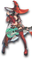 Rule 34 | 1girl, arc system works, black hair, breasts, cleavage, fingerless gloves, gloves, green-tinted eyewear, green-tinted glasses, guilty gear, guilty gear strive, hat, highres, i-no, large breasts, midriff, navel, official art, smile, sunglasses, thighhighs, tinted eyewear, witch hat