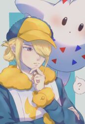 Rule 34 | 1boy, ?, black eyes, blonde hair, blue background, blue border, blue jacket, blush, border, brown eyes, butter (oshi8kyoumoh), cabbie hat, closed mouth, creatures (company), fur-trimmed sleeves, fur collar, fur trim, game freak, gen 4 pokemon, hair over one eye, hand on own chin, hand up, hat, holding own arm, jacket, long sleeves, looking afar, looking at viewer, looking down, male focus, nintendo, one eye covered, open mouth, outside border, pokemon, pokemon (creature), pokemon legends: arceus, short hair, sidelocks, speech bubble, split mouth, spoken question mark, standing, straight-on, stroking own chin, swept bangs, thinking, togekiss, two-tone headwear, updo, upper body, volo (pokemon)