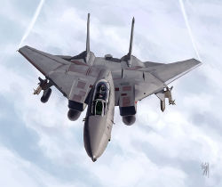 Rule 34 | aircraft, airplane, androgynous, cloud, contrail, day, drop tank, f-14, fighter jet, gender request, highres, indoors, jet, military, military vehicle, missile, original, pilot, pilot suit, pvtskwerl, realistic, signature, sky, solo, vehicle focus